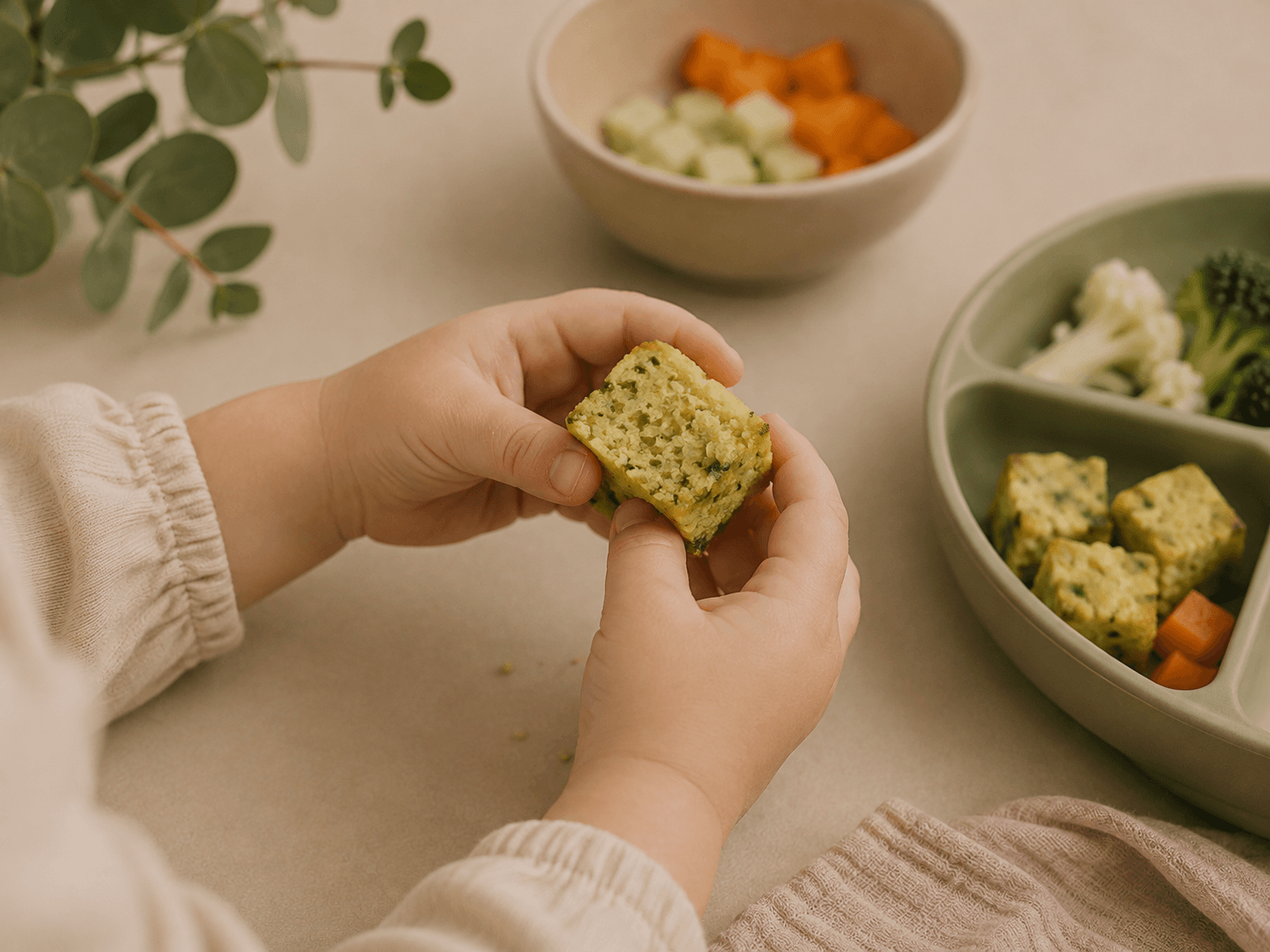 Mãos de criança segurando um bolinho de legumes, ao lado de um prato infantil com brócolis, couve-flor e cubos de abóbora.