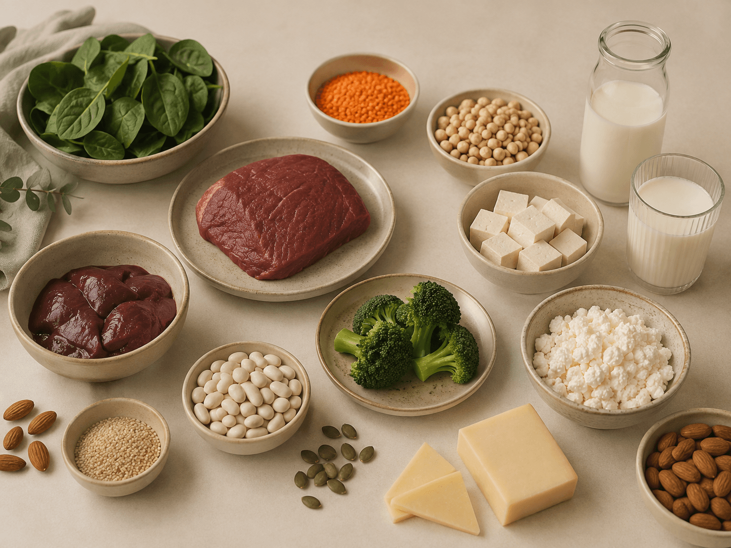 Alimentos fonte de ferro e de cálcio dispostos em tigelas sobre uma superfície clara: espinafre, fígado, carne, lentilha, grão de bico, feijão branco, tofu, brócolis, queijos, leite, amêndoas e sementes de abóbora.
