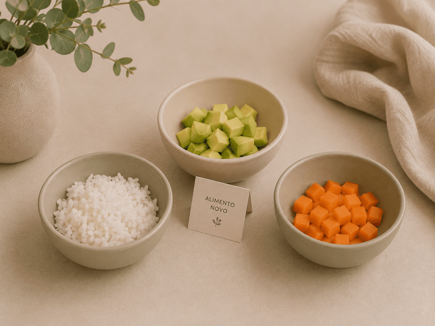 Três tigelas lado a lado sobre a mesa, uma com arroz, uma com cubos de abacate e uma com cubos de cenoura, e entre elas um cartão escrito Alimento novo.